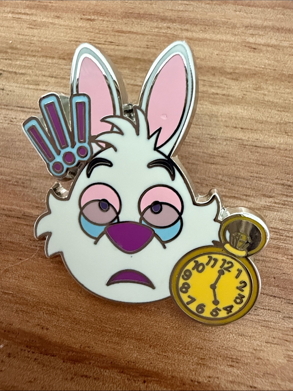 Disney White Rabbit Enamel Pin with Pink Ears and Yellow Pocket Watch